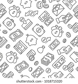 Inclined seamless pattern with money, dollar, coin, credit card, currency. Black and white thin line icons