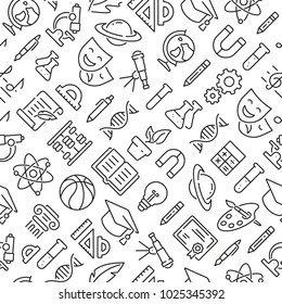 Inclined seamless pattern with school subjects, education, science. Black and white thin line icons