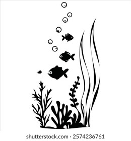 Include fish, coral reefs, seaweed, and bubbles arranged artistically against a plain white background.