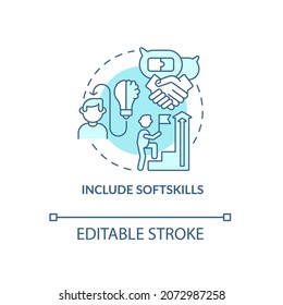 Include softskills blue concept icon. Writing cv abstract idea thin line illustration. Highlight communication skills. Teamwork ability. Vector isolated outline color drawing. Editable stroke