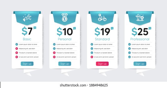 Included icon as Bicycle parking, Ole chant, Winner cup signs. Price table template, business plan chart. Sports icons set. Best rank flat icons. Bike park, Megaphone, Champion. Success medal. Vector