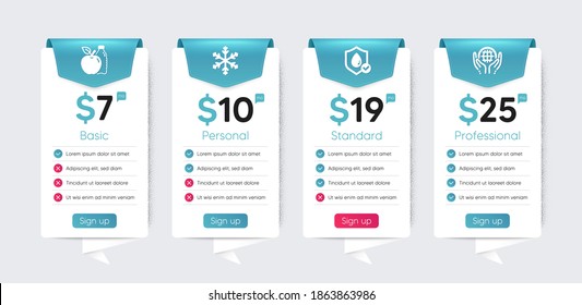 Included icon as Waterproof, Organic tested, Snowflake signs. Price table template, business plan chart. Nature icons set. Apple flat icons. Water resistant, Safe nature, Snow. Diet food. Vector