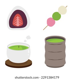 En el set se incluyen ilustraciones vectoriales del té verde japonés, Ichigo Daifuku, que es un mochi (pastel de arroz) lleno de fresa y pasta de frijol dulce, y dango de tres colores. 