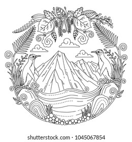 Included in this pack is adult coloring illustration of new zealand penguin in frame of new zealand mountain.