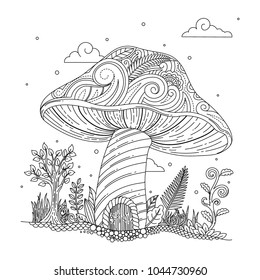 Included in this pack is illustration of magical vantasy village with mushroom house in adult coloring book style.