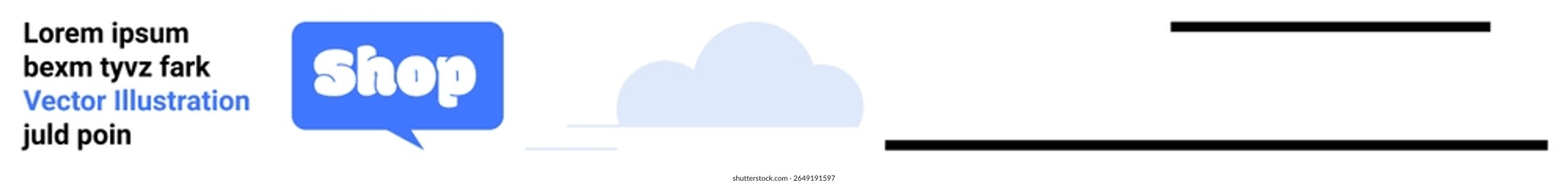 Includes a blue speech bubble with the word Shop, placeholder text for product description, and a cloud graphic in the background. Ideal for e-commerce, online shopping, digital marketing, website