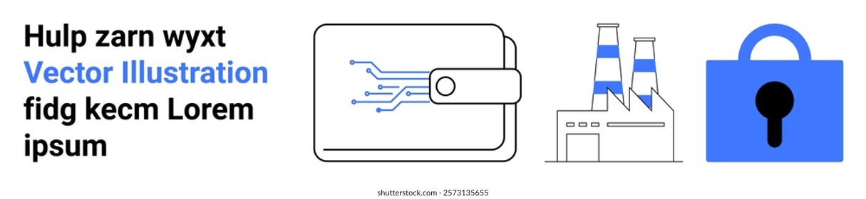 Includes digital wallet, industrial factory, and lock icon in blue. Ideal for technology, security, finance, industry, and data protection. Banner for landing page