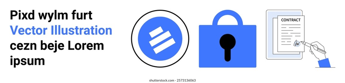 Includes a document signature, blue lock symbol and business icon. Ideal for business, security, contracts, digital signatures and privacy. Banner for landing page