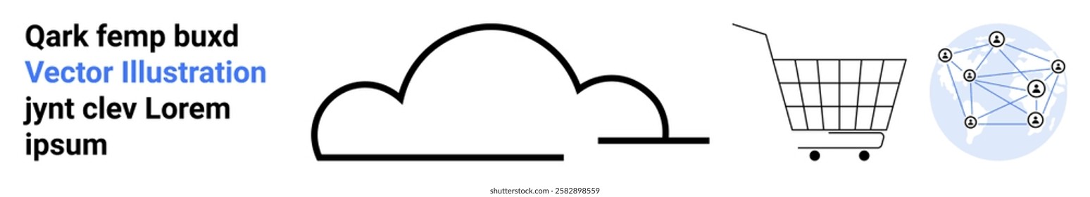 Includes elements like a cloud icon, shopping cart, and interconnected nodes. Ideal for technology, e-commerce, network, online shopping, and data concepts. Banner for landing page