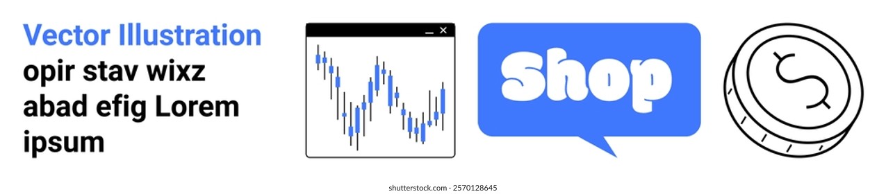 Includes elements such as a financial graph, shopping speech bubble, and currency symbol. Ideal for online shopping, financial analytics, e-commerce, economic reports, web design. Banner for landing
