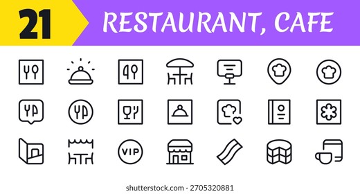 Includes food plate, drink, fork, spoon, chef hat, menu, coffee cup, bakery, reservation, delivery, takeaway, order list, cooking tools, knife, recipe, counter, dining table, food tray, cash counter, 