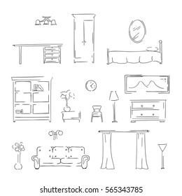 Includes furniture, interior elements in a linear style, sketch