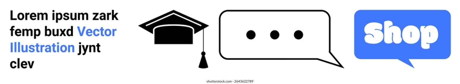 Includes a graduation cap, a chat bubble, and a blue shop button. Ideal for education, e-commerce, online courses, learning platforms, and digital marketing. Banner for landing page