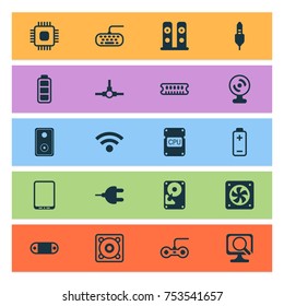 Includes Icons Such As Battery, Connector, Computer Ventilation And Other.  Hardware Icons Set. 