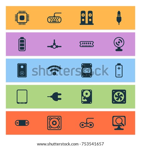 Includes Icons Such As Battery, Connector, Computer Ventilation And Other.  Hardware Icons Set. 