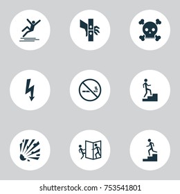 Includes Icons Such As Cigarette Forbidden, Staircase, Skull And Other.  Sign Icons Set. 