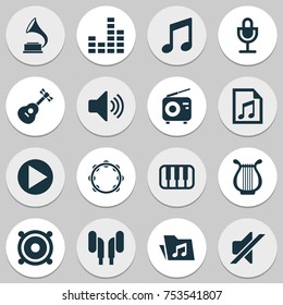 Includes Icons Such As File, Equalizer, Timbrel And Other.  Music Icons Set. 