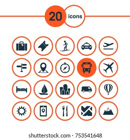 Includes Icons Such As Location, Cafe, Land.  Traveling Icons Set. 