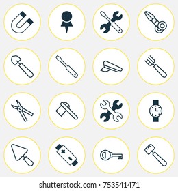 Includes Icons Such As Location, Screwdriver With Wrench, Turn Screw And Other.  Tools Icons Set. 