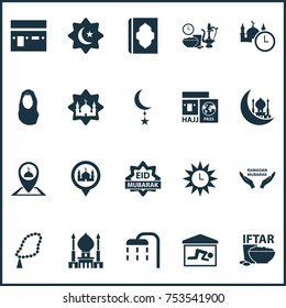 Includes Icons Such As Moon, Meal Eaten, Place And Other.  Ramadan Icons Set. 