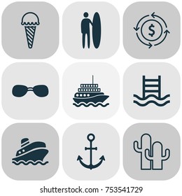 Includes Icons Such As Summer Glasses, Money Recycle, Cacti And Other.  Travel Icons Set. 