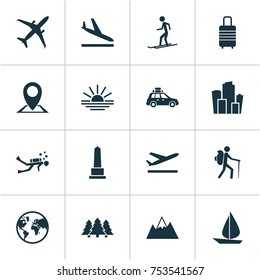 Includes Icons Such As Sundown, Landmark, Pickup.  Traveling Icons Set. 