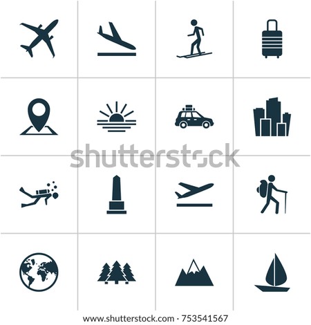 Includes Icons Such As Sundown, Landmark, Pickup.  Traveling Icons Set. 