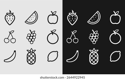  Includes illustrations of strawberry, watermelon, apple, cherry, grapes, orange, banana, pineapple, and lemon. Perfect for UI UX design, food apps, infographics, packaging, coloring pages