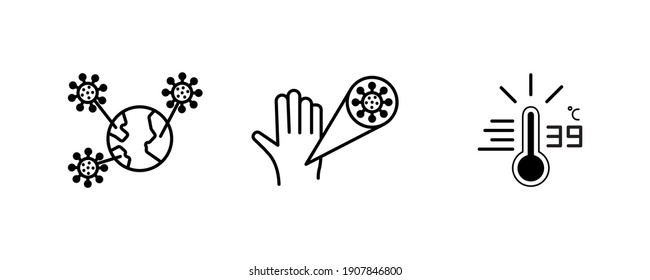 It includes issues such as viruses and fever in the hands, viruses in every continent of the world. Simple line icon art, Coronavirus vector Line Icons icon set. Editable Stroke.