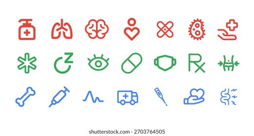 Inclui kit médico, pulso cardíaco, DNA, bactérias, folha, olho, gota, cápsula de vitamina, chave inglesa, frasco de laboratório, microscópio e ícones de cruz de saúde. Excelente para assistência médica, biologia e interface ambiental