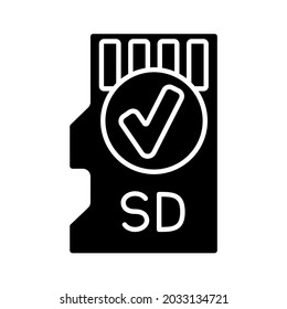 Includes memory card black glyph manual label icon. Select microSD card for drone. Footage storage. Silhouette symbol on white space. Vector isolated illustration for product use instructions