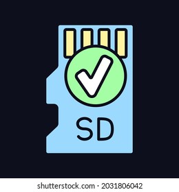 Includes memory card RGB color manual label icon for dark theme. MicroSD card. Isolated vector illustration on night mode background. Simple filled line drawing on black for product use instructions