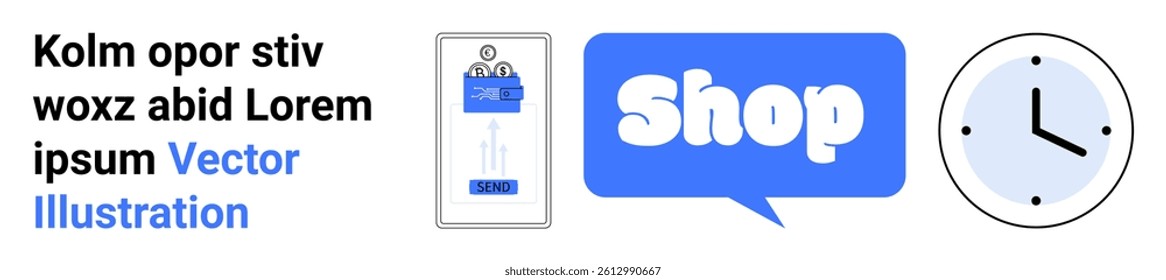 Includes a mobile app interface, a chat bubble with the word Shop and a clock icon. Ideal for ecommerce, mobile apps, online shopping, digital marketing, and time management. Banner for landing page