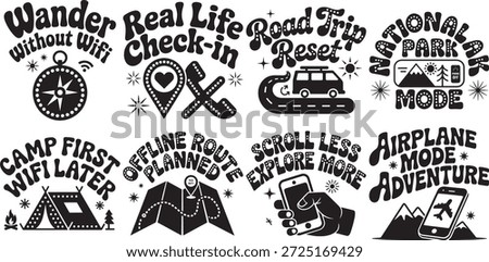 Includes national park mode and explore more, airplane mode adventure and outdoor themed activity. For logo or emblem.