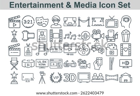 Includes outline icons of entertainment and media elements. Featuring film, cinema, movie, camera, vip and television.