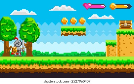 Includes pixel art style with a knight character ready to collect floating coins amid trees, grass platforms, and a treasure chest. Ideal for retro games, fantasy themes, pixel art, adventure games