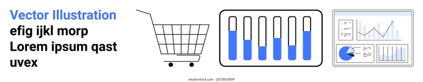 Includes a shopping cart icon, bar graph, and data dashboard. Ideal for e-commerce, data analysis, marketing, business intelligence, and sales tracking. Landing page