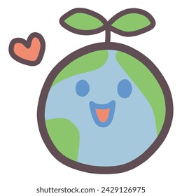 Includes a smiling character illustration heart with a cute deformed image of a leaf and the earth