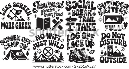 Includes social break and trail take, journal greater than feed and less screen more green. For logo or emblem design.