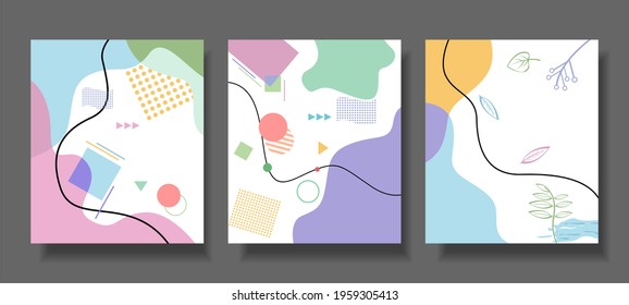 Includes template set with bauhaus, memphis and hipster styles of graphic geometry elements. Applies to placards, brochures, posters, covers and banners. Vector illustration.