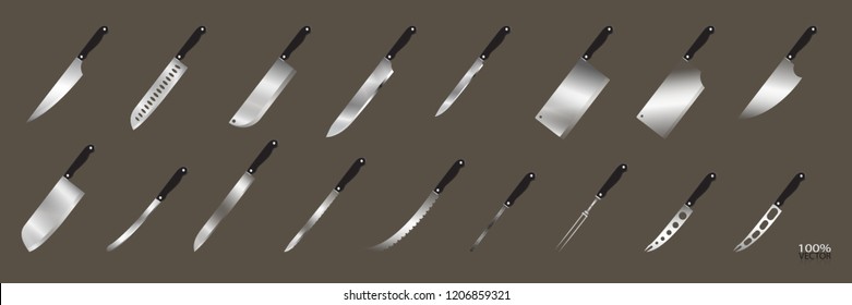 Including cutlery for chefs,knife icon for butcher shop, Vintage typographic hand-drawn. Meat cutting knives, Cutlery icon set vector realistic kitchen knives isolated, Vector illustration.  