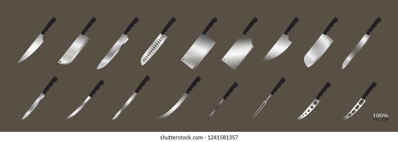 Including cutlery for chefs,knife icon for butcher shop, Vintage typographic hand-drawn. Meat cutting knives, Cutlery icon set vector realistic kitchen knives isolated, Vector illustration.  