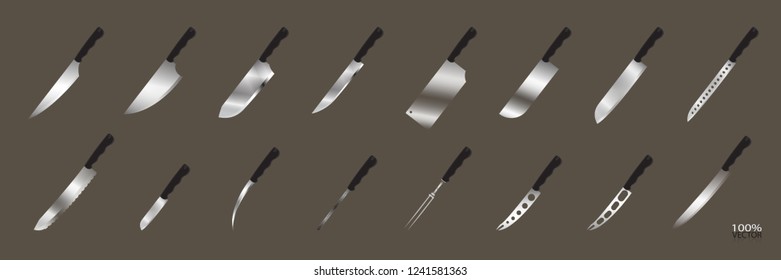 Including cutlery for chefs,knife icon for butcher shop, Vintage typographic hand-drawn. Meat cutting knives, Cutlery icon set vector realistic kitchen knives isolated, Vector illustration.  