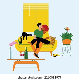 including daily life - Vector Illustration of a Loving Gay Couple Cuddling on a Sofa with their Cute Kitten in Front of a Window