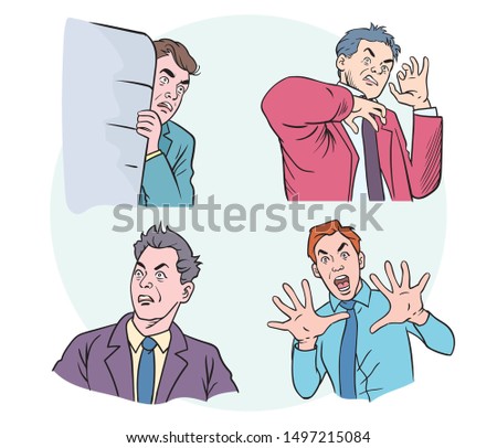 Including images of faces, gestures, men, frightened.hand drawn style vector design illustrations.