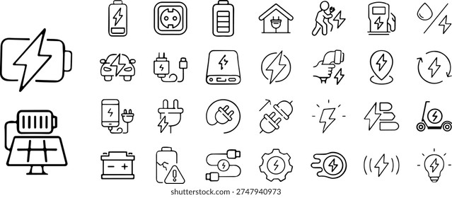 Including wireless charging, Charging Web Icon Set in Line Style. Collection of Electricity Linear Icons, charge, energy, socket, battery, charging station, ev, electric car, and More