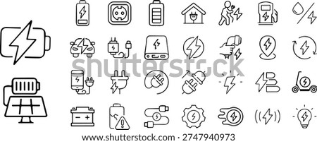 Including wireless charging, Charging Web Icon Set in Line Style. Collection of Electricity Linear Icons, charge, energy, socket, battery, charging station, ev, electric car, and More