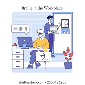 Inclusion and accessibility with Braille in the workplace featuring employees interacting with tactile text. Workplace adaptability for the visually impaired. Vector illustration.