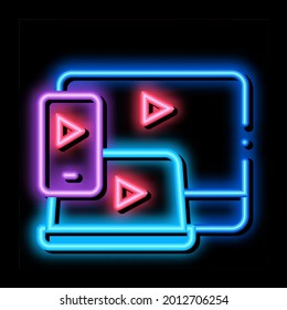 inclusion of all devices neon light sign vector. Glowing bright icon inclusion of all devices sign. transparent symbol illustration