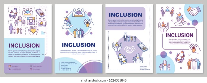 Inclusion brochure template. Disabled aid. Socialization, education. Flyer, booklet, leaflet print, cover design with linear icons. Vector layouts for magazines, annual reports, advertising posters